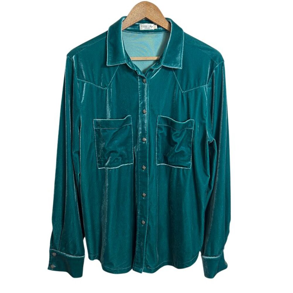 Tasha Polizzi Turquoise Velvet Blouse L Long Sleeve Button Up Velour Western
